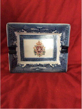 Oriental Accent Rectangle Ceramic Blue Butterfly Border Ashtray